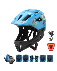 Full Face Kids Bike Helmet with Detachable Chin Guard and LED Light 5 to 10 Years Old Child Bicycle Scooter Skateboard Gear