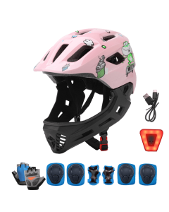 Full Face Kids Bike Helmet with Detachable Chin Guard and LED Light 5 to 10 Years Old Child Bicycle Scooter Skateboard Gear