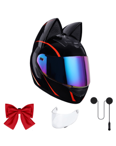 Women’s Cat Ear Full Face Motorcycle Helmet with Bluetooth Headset Dual Visors and Bow for Street Riding Scooter Commuting and Touring