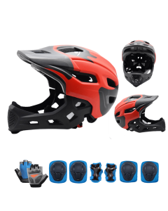 Full Face Bike Helmet Set With Pads And Gloves For Kids 2-in-1 Detachable Lightweight Adjustable Cycling Armor