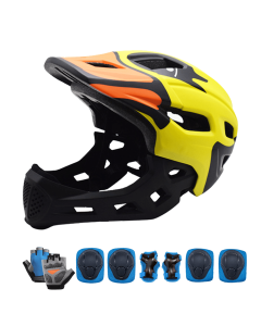 Full Face Bike Helmet Set With Pads And Gloves For Kids 2-in-1 Detachable Lightweight Adjustable Cycling Armor