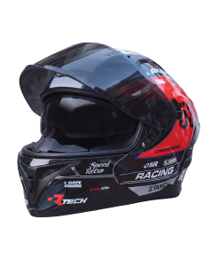 DOT Red Full Face Street Bike Motorcycle Helmet with Dual Visor and Graphic Racing Design for Men and Women for Street Riding and Touring