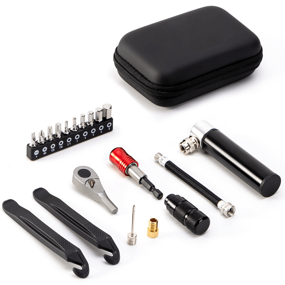 Bike Repair Tool Kit with Mini Pump Cr V Ratchet Wrench S2 Steel Bits and Tire Levers Portable Bicycle Multi Tool for Mountain Road and E Bikes