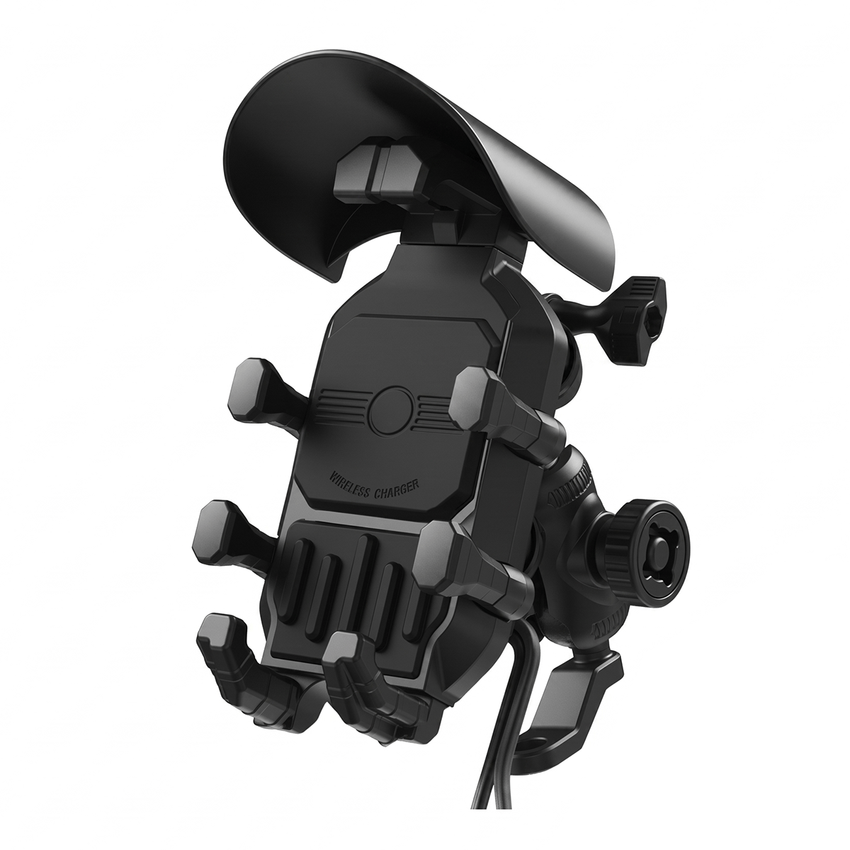 Motorcycle Handlebar Phone Mount with Charger and Removable Sun Shade for Cruisers, Street Bikes, Touring Motorcycles, Dirt Bikes