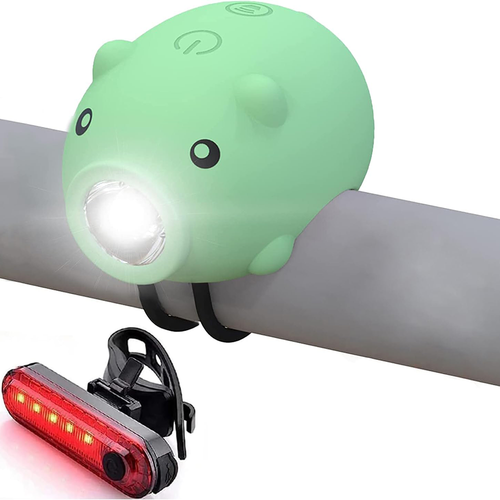 Cute Piggy Bike Light Set with Horn and Rear Tail Light, USB-C Rechargeable