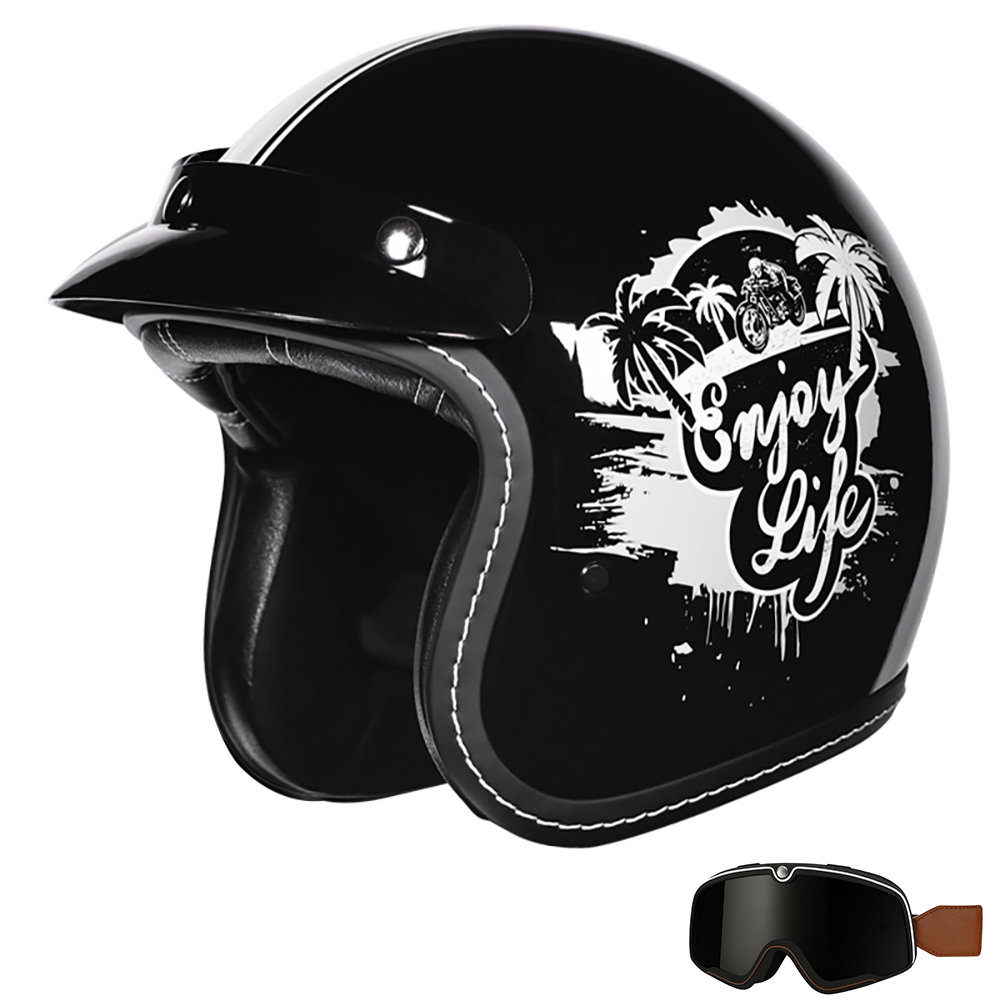 Retro 3/4 Open Face Motorcycle Helmet with Goggles for Road and Cruiser Riding