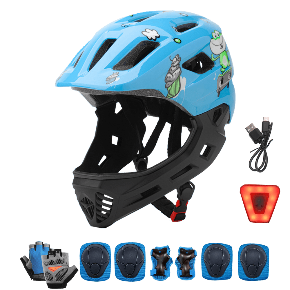 Full Face Kids Bike Helmet with Detachable Chin Guard and LED Light 5 to 10 Years Old Child Bicycle Scooter Skateboard Gear