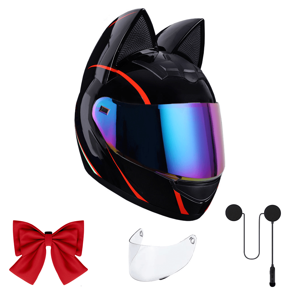 Women’s Cat Ear Full Face Motorcycle Helmet with Bluetooth Headset Dual Visors and Bow for Street Riding Scooter Commuting and Touring