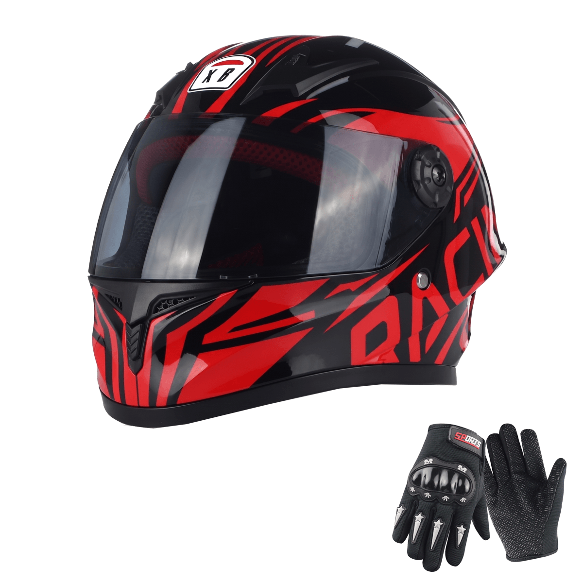 DOT Red Full Face Motorcycle Helmets with Gloves for Age 4-15 Children Dirt Bike ATV Quad and Off-Road Riding