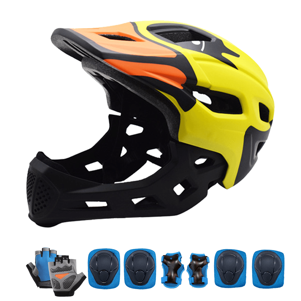 Full Face Bike Helmet Set With Pads And Gloves For Kids 2-in-1 Detachable Lightweight Adjustable Cycling Armor