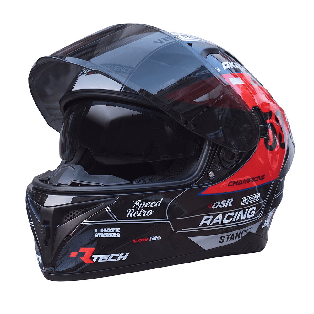DOT Red Full Face Street Bike Motorcycle Helmet with Dual Visor and Graphic Racing Design for Men and Women for Street Riding and Touring